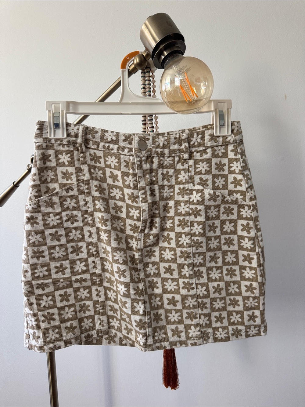 Beige & White Floral Jean Mini Skirt